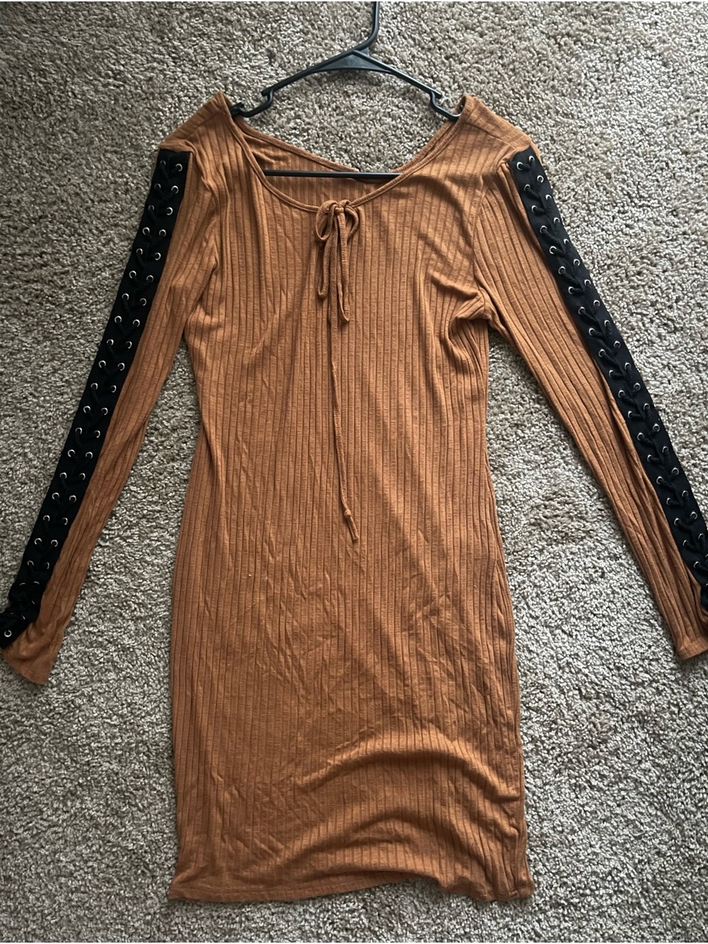 Brown Ribbed Knit Lace Up Sleeve Tie Front Dress Large